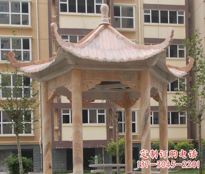 周口小区晚霞红六角凉亭石雕