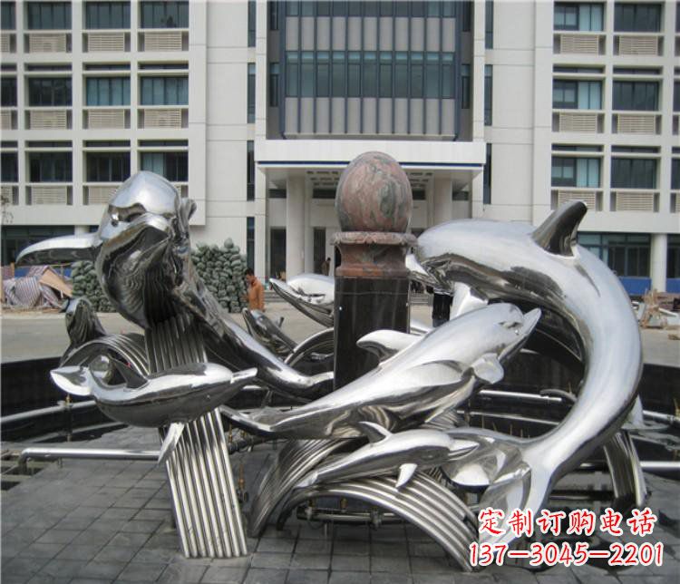 周口校园不锈钢海豚海浪雕塑