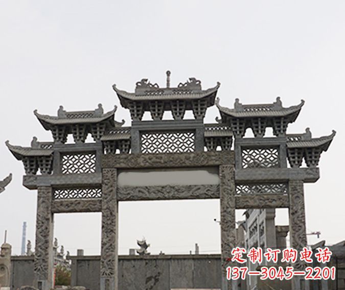 周口园林仿古三门牌坊石雕 (4)