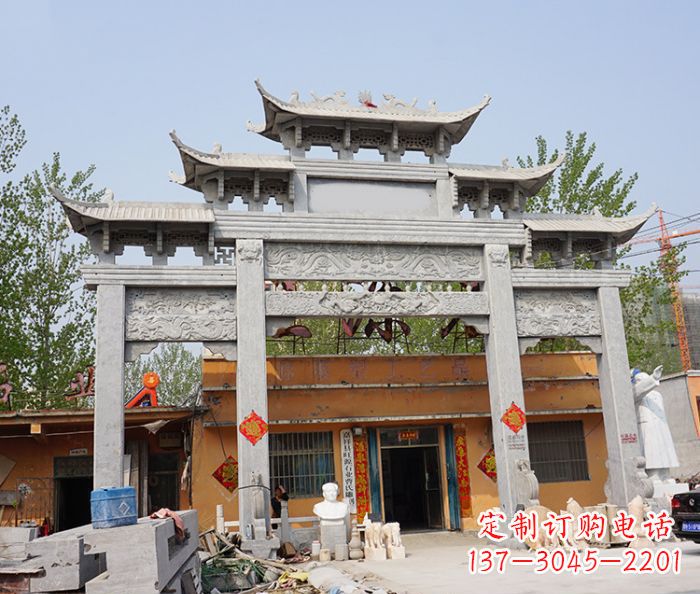 周口园林仿古三门牌坊石雕 (5)