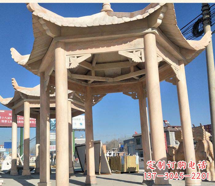 周口园林景观晚霞红六角石雕凉亭 (2)