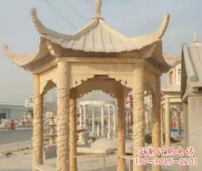 周口园林景观晚霞红六角石雕凉亭 (3)