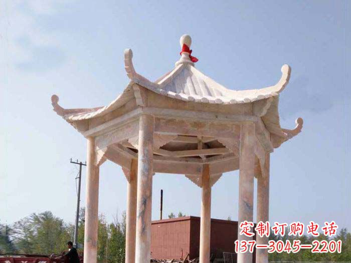 周口园林景观晚霞红六角石雕凉亭