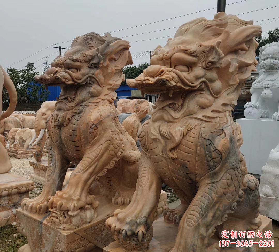 周口园林晚霞红古代招财神兽麒麟石雕