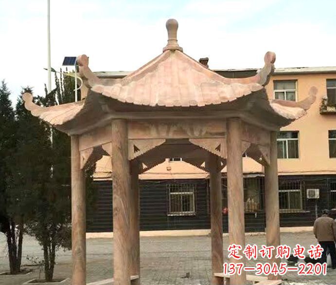 周口园林晚霞红六角石雕凉亭
