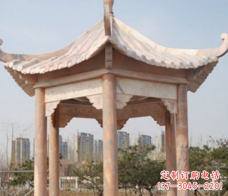 周口园林晚霞红六角石凉亭景观石雕