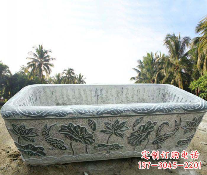 周口长方形连年有余荷花浮雕石水缸