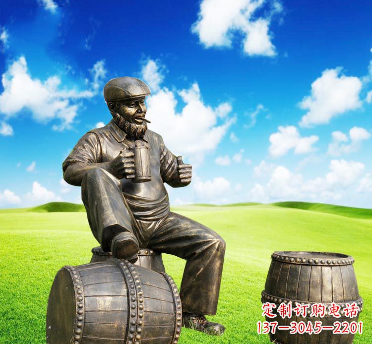 周口坐酒桶喝啤酒的西方人物铜雕