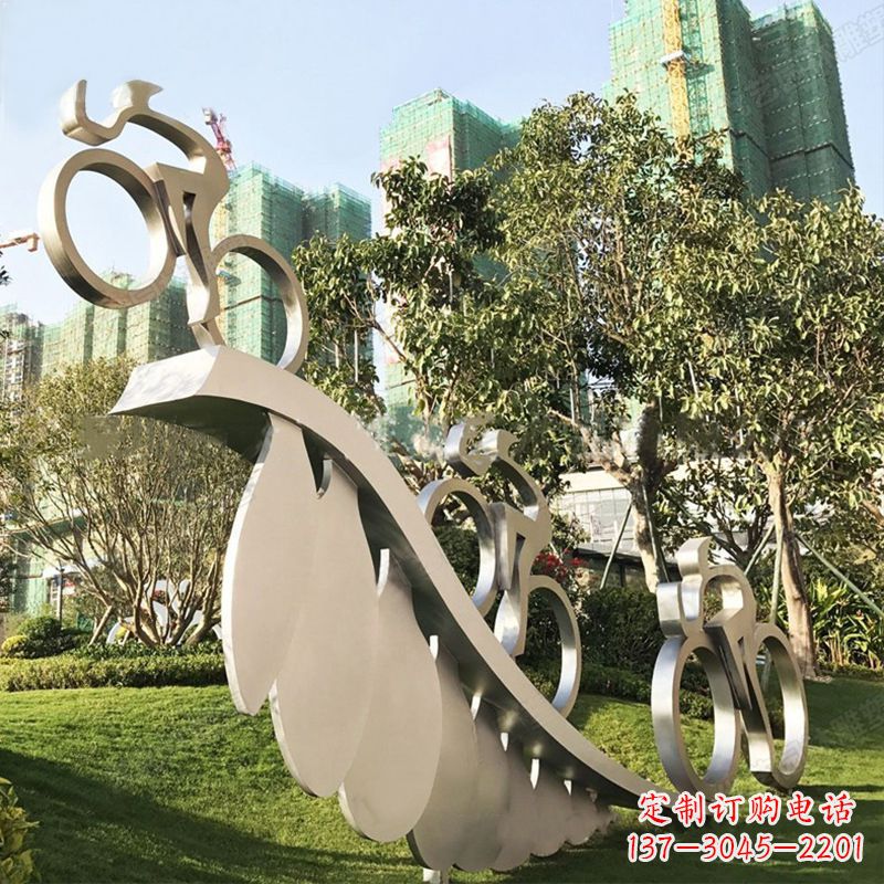 周口自行车雕塑-抽象不锈钢骑自行车人物景观雕塑