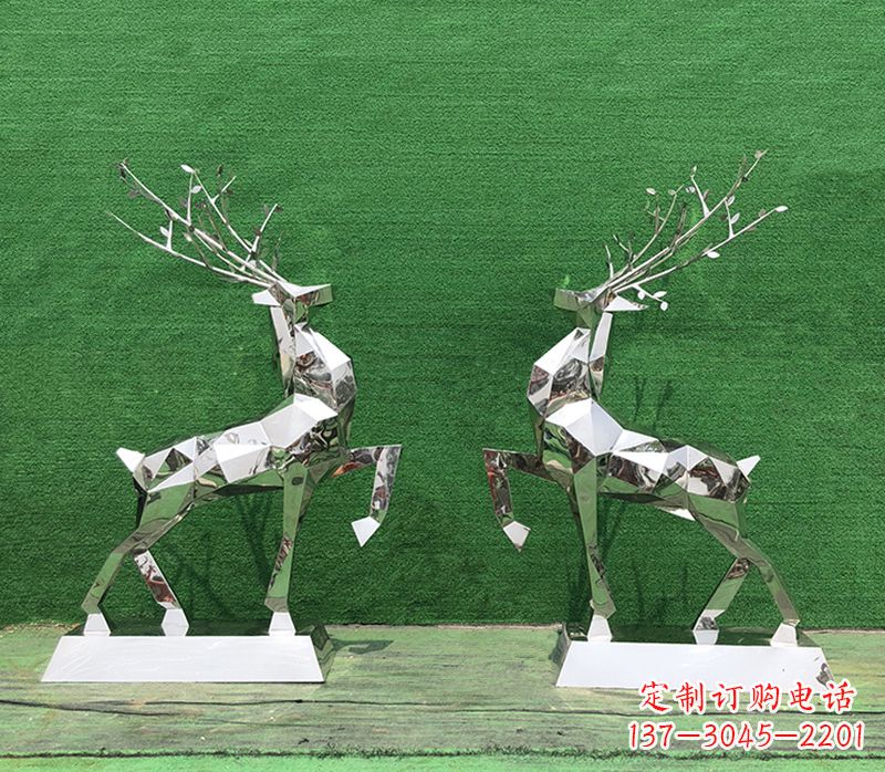 周口梅花鹿雕塑-公园两只不锈钢镜面梅花鹿雕塑